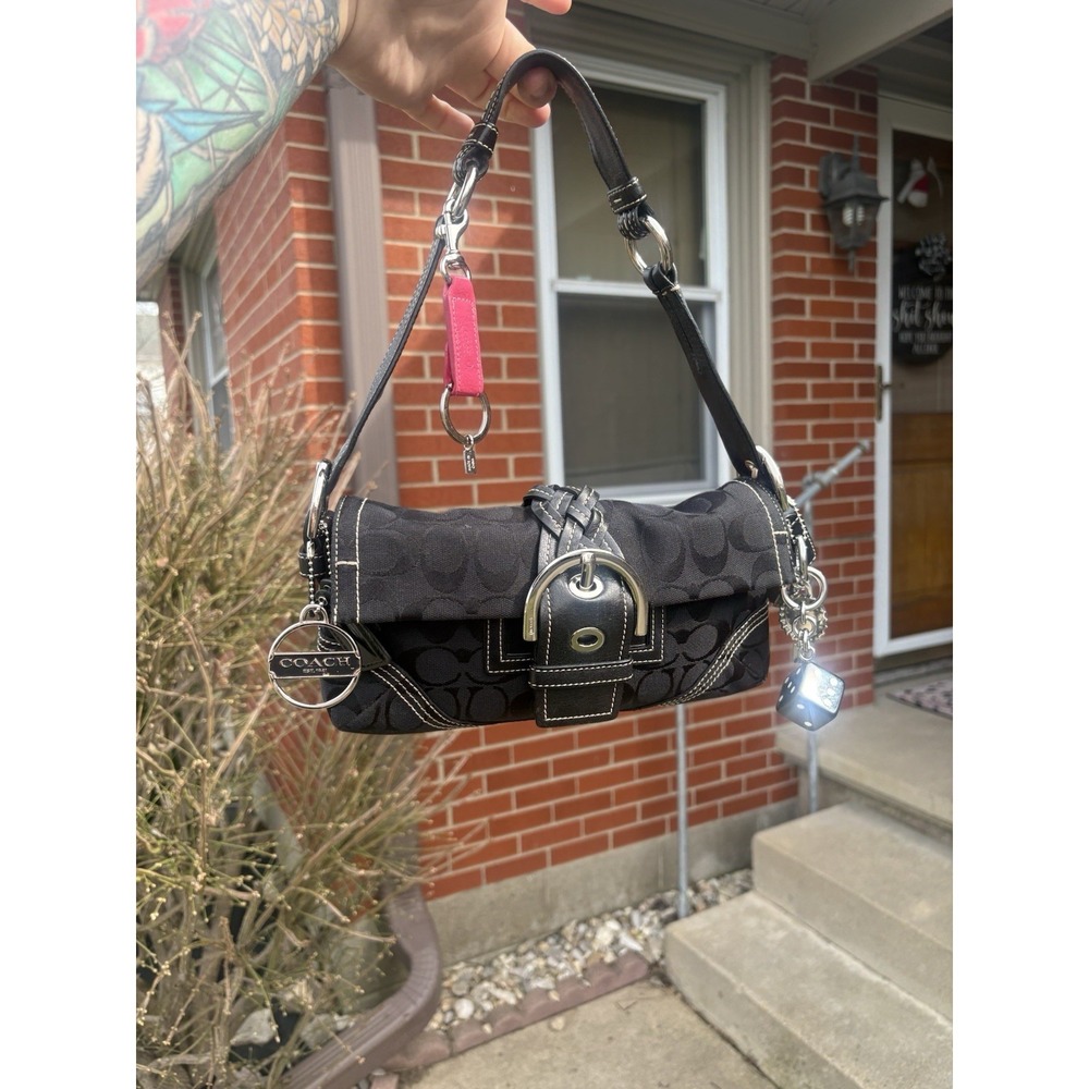Vintage COACH 3628 Signature Baguette Mini Bag Soho Black Canvas Buckle Leather - Picture 3 of 9